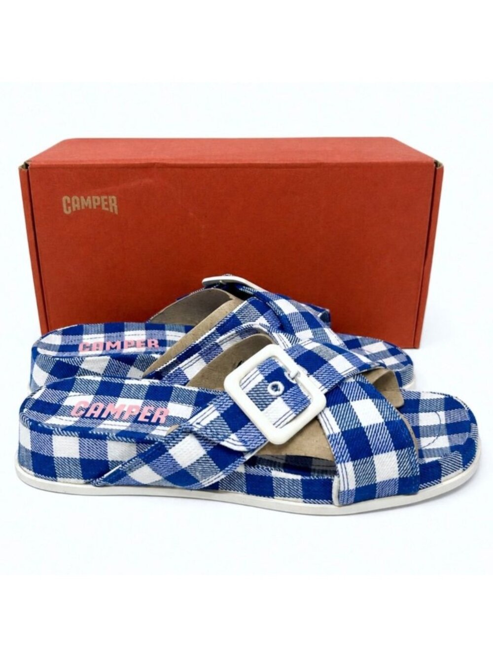 Blue White Gingham Buckle Slide Sandals Women's 7 EU 37 Camper Atonik